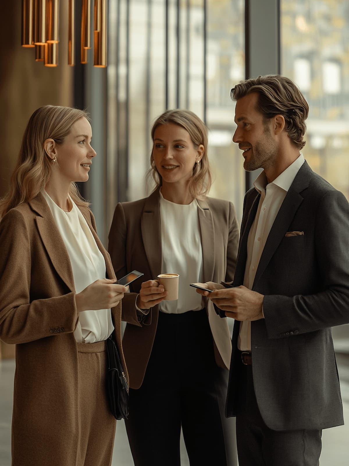 Trois professionnels en conversation dans un lobby contemporain — équipe EMA Expert